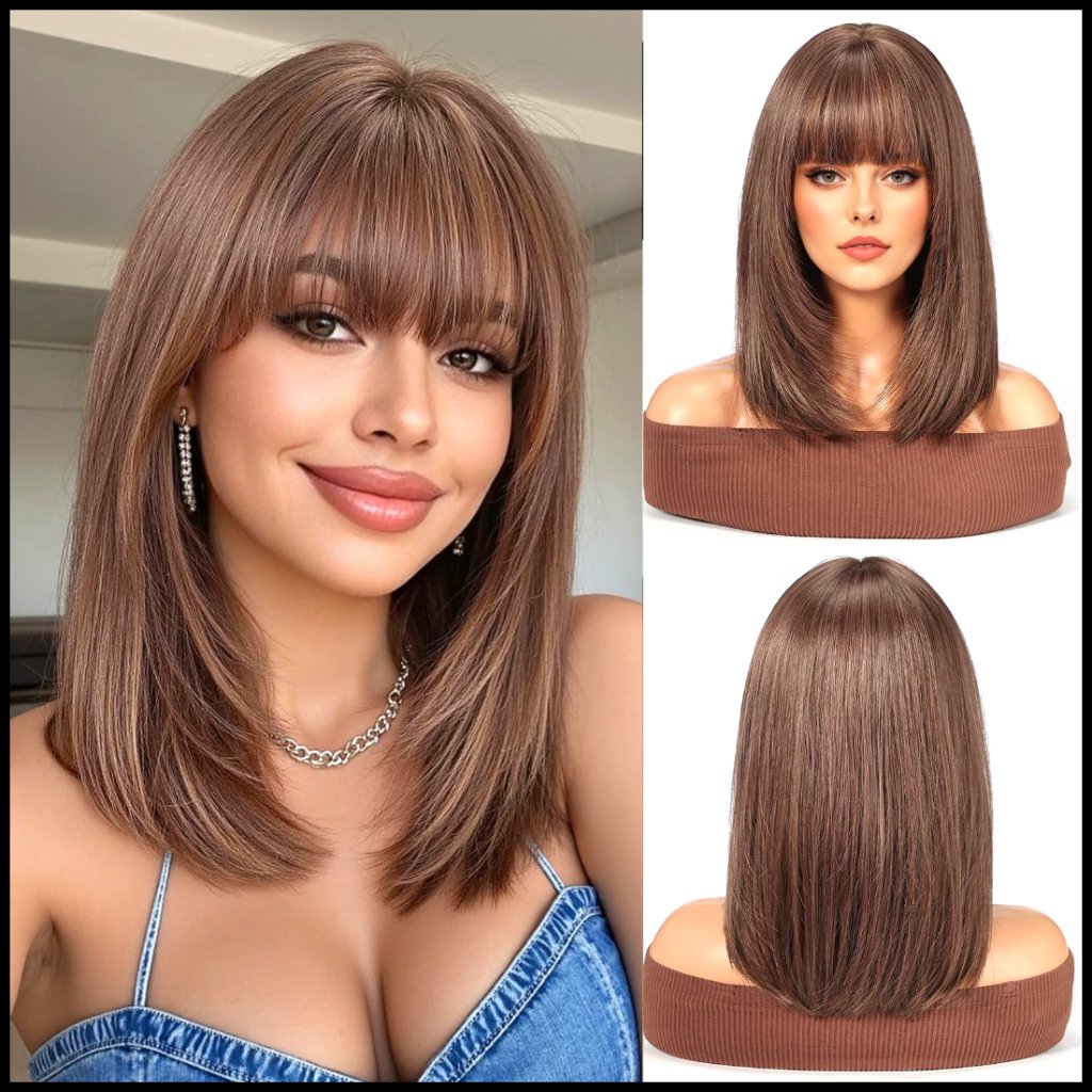 Synthetic Straight Wig With Bangs Mid-Length Layered Chic Style Adjustable Cap